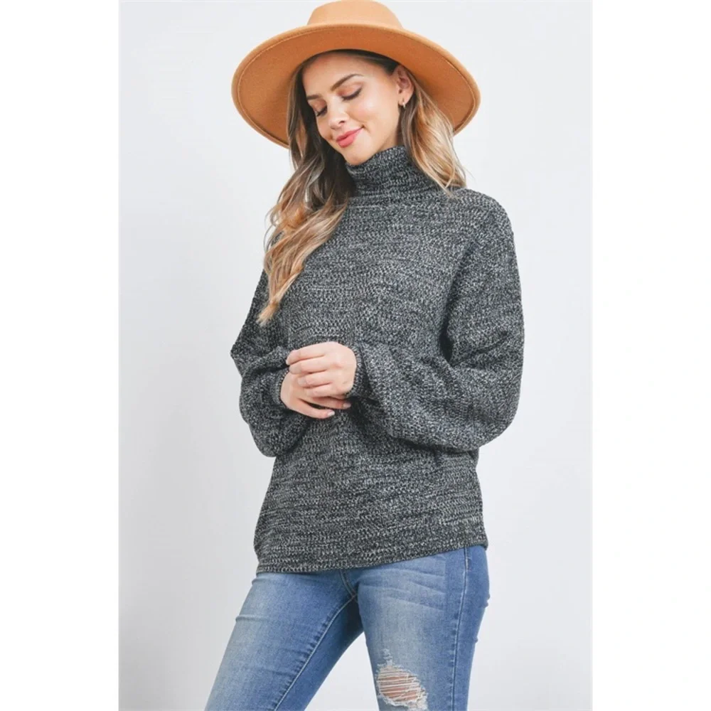 TURTLENECK MELANGE BALLOON SLEEVE SWEATER- BLACK - Picture 6 of 9